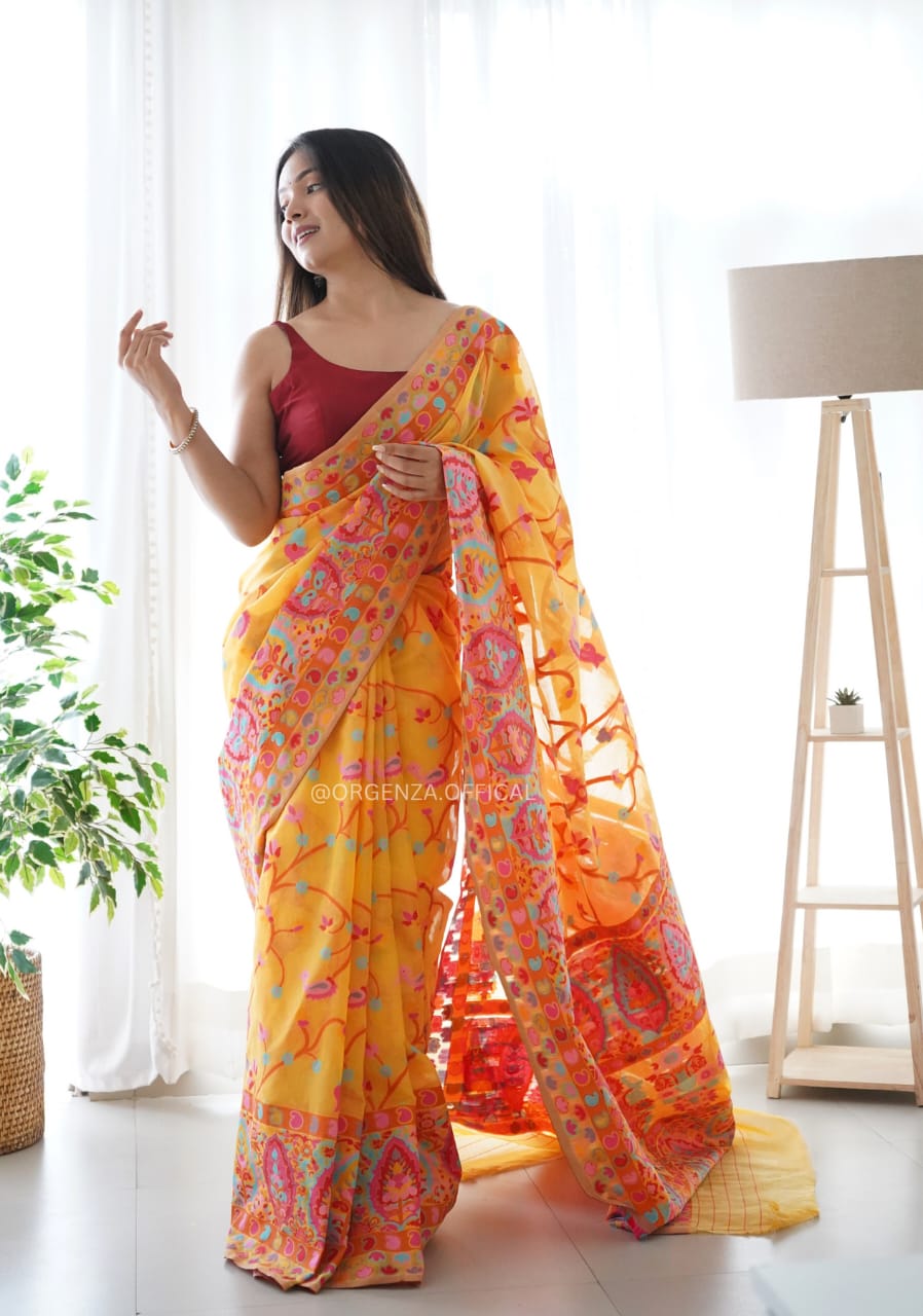 KASHMIRI WEAVING MULTIPLE COLOR THREAD WEAVING PURE ZARI WEAVING YElLOW