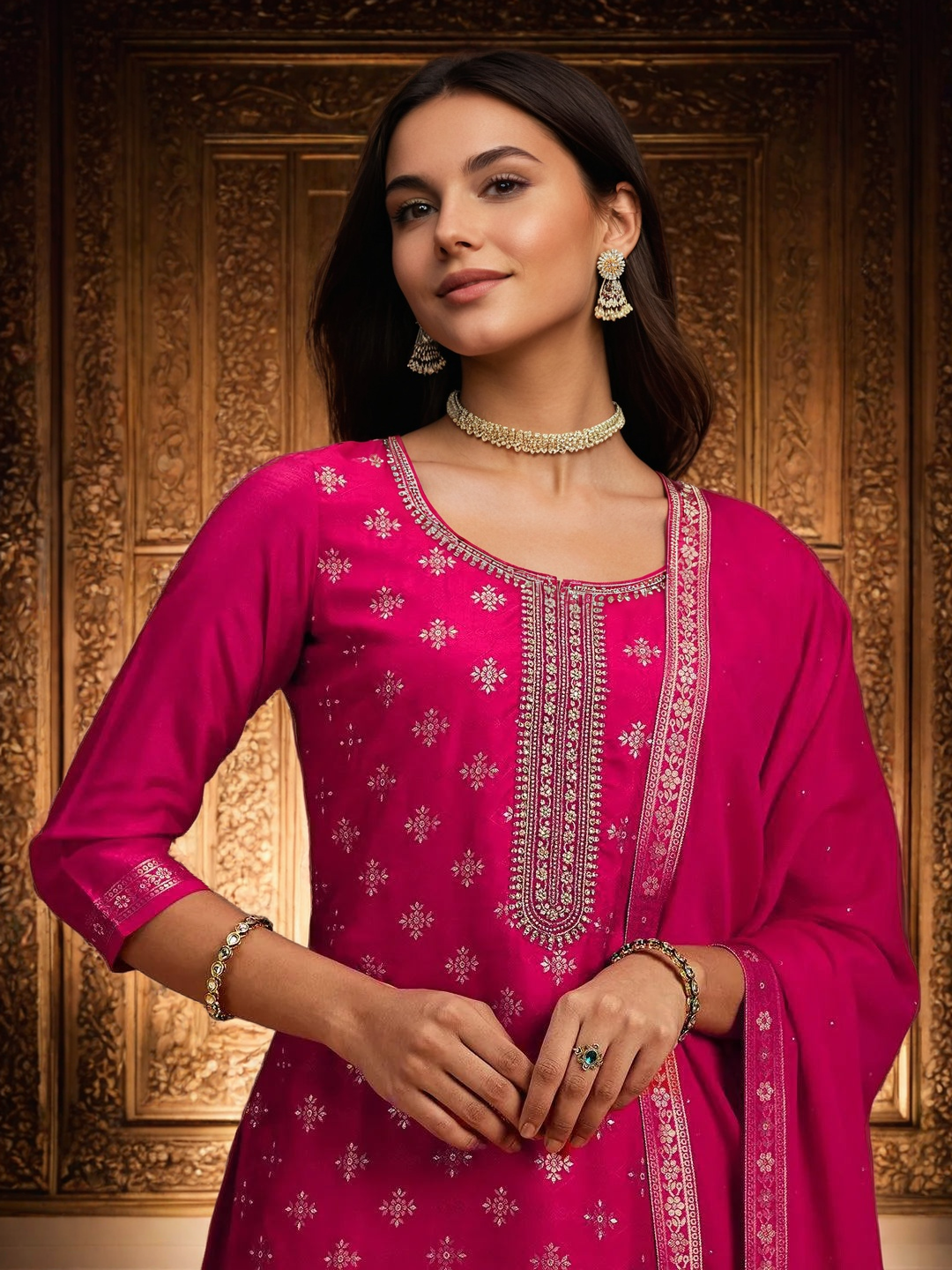 PINK COLOURED WOMEN'S SILK KURTA WITH DUPATTA SET