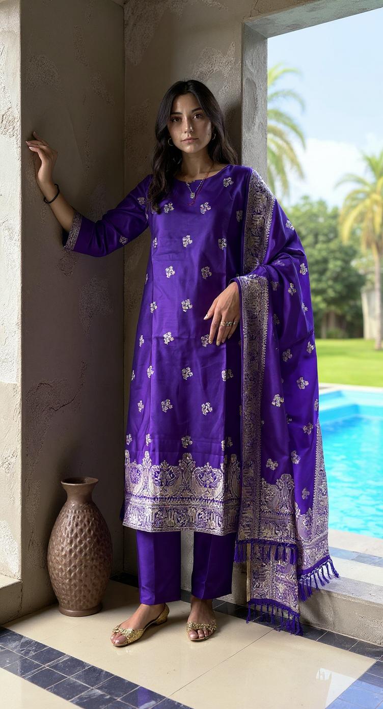 PURPLE COLOURED WOMEN'S POLYSTER KURTA WITH DUPATTA SET