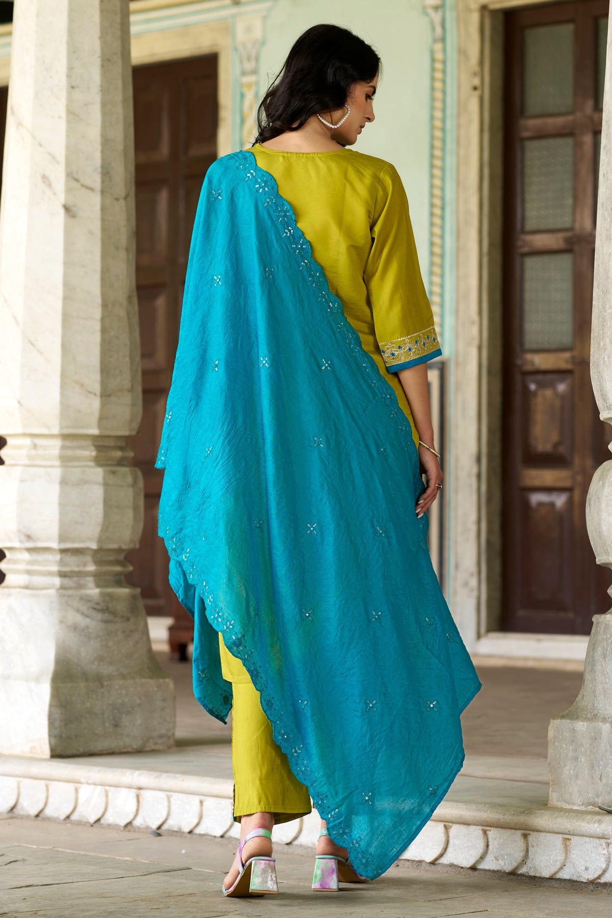 LEMON COLOURED WOMEN'S CHANDERI KURTA WITH DUPATTA SET