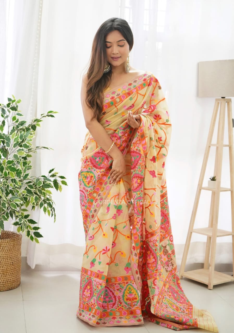 KASHMIRI WEAVING MULTIPLE COLOR THREAD WEAVING PURE ZARI WEAVING LIGHT YELLOW