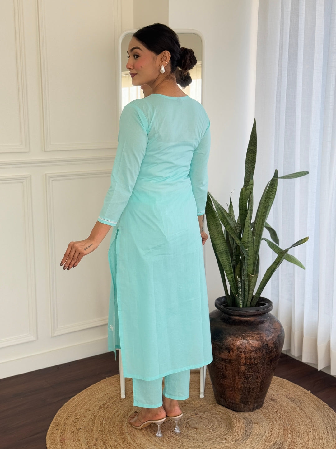 SKY COLOURED WOMEN'S PURE COTTON KURTA WITH PANT DUPATTA SET