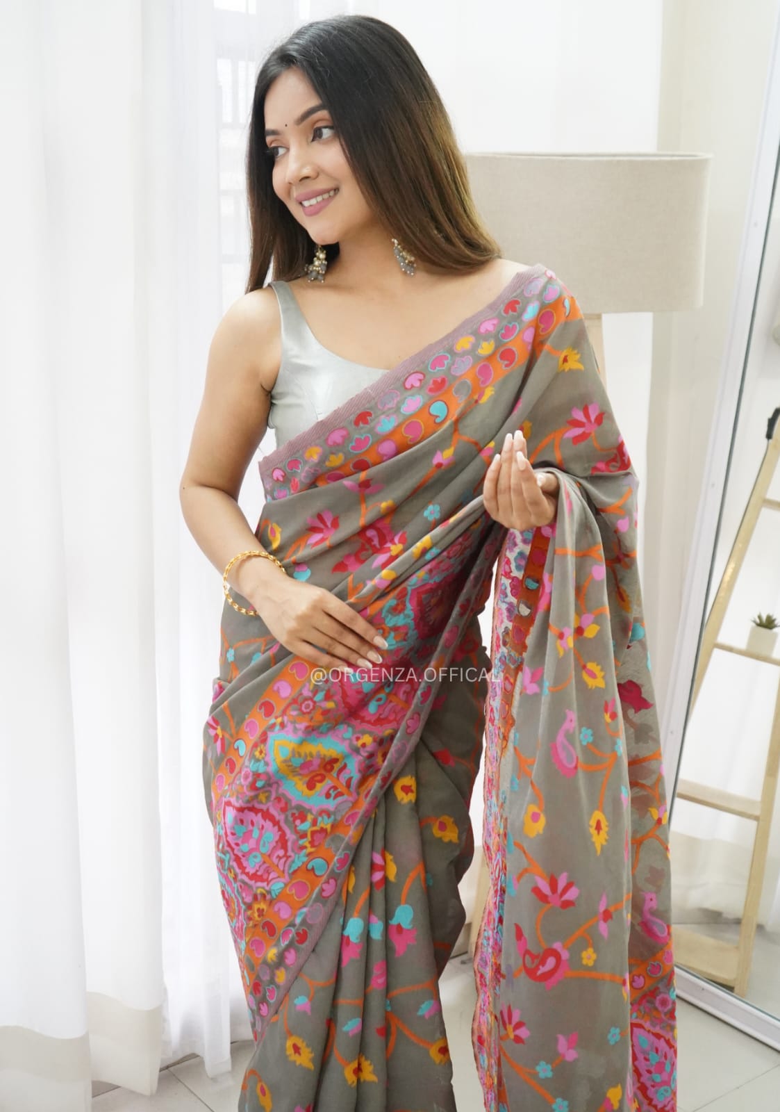 KASHMIRI WEAVING MULTIPLE COLOR THREAD WEAVING PURE ZARI WEAVING GREY