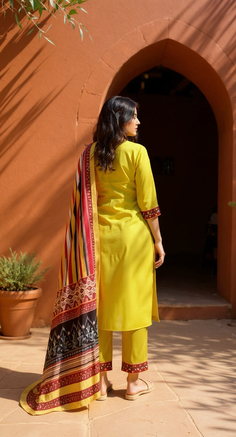 YELLOW COLOURED WOMEN'S VISCOSE RAYON KURTA WITH DUPATTA SET