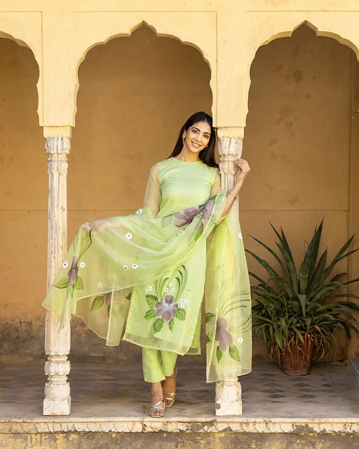 Beautifull Organza tabby Fabriced Hand Printed Demanding Kurta Set