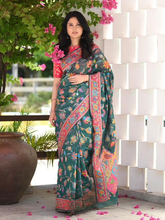 Kashmiri Weaving Multiple color thread weaving pure zari weaving Green coloured saree
