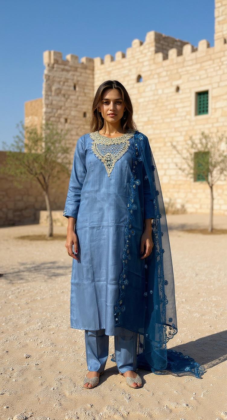 BLUE COLOURED WOMEN'S POLYSTER KURTA WITH DUPATTA SET