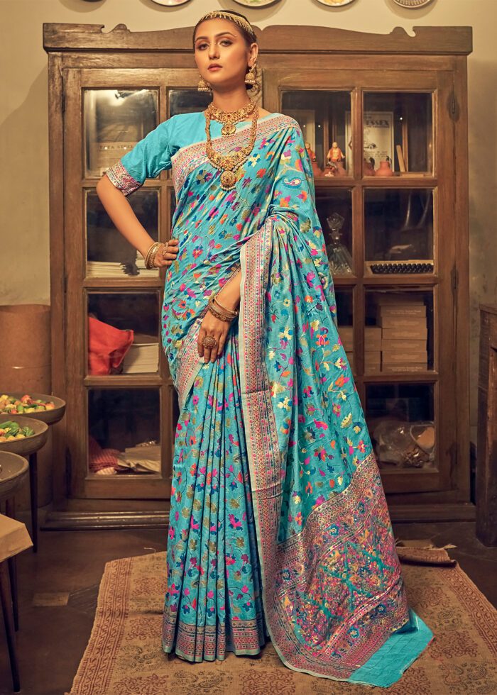 Kashmiri Weaving Multiple color thread weaving pure zari weaving Firozi coloured saree