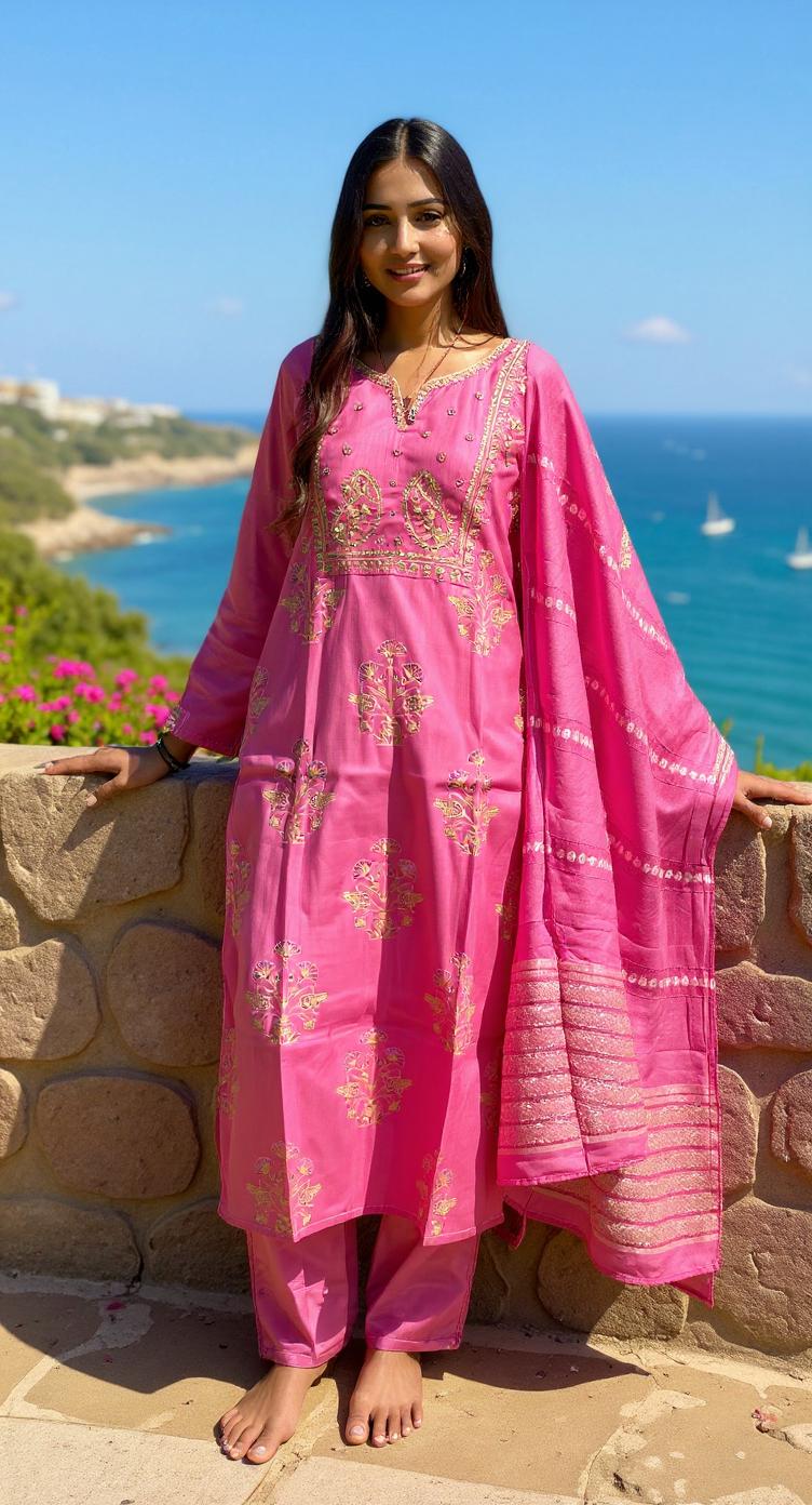 PINK COLOURED WOMEN'S POLYSTER KURTA WITH DUPATTA SET