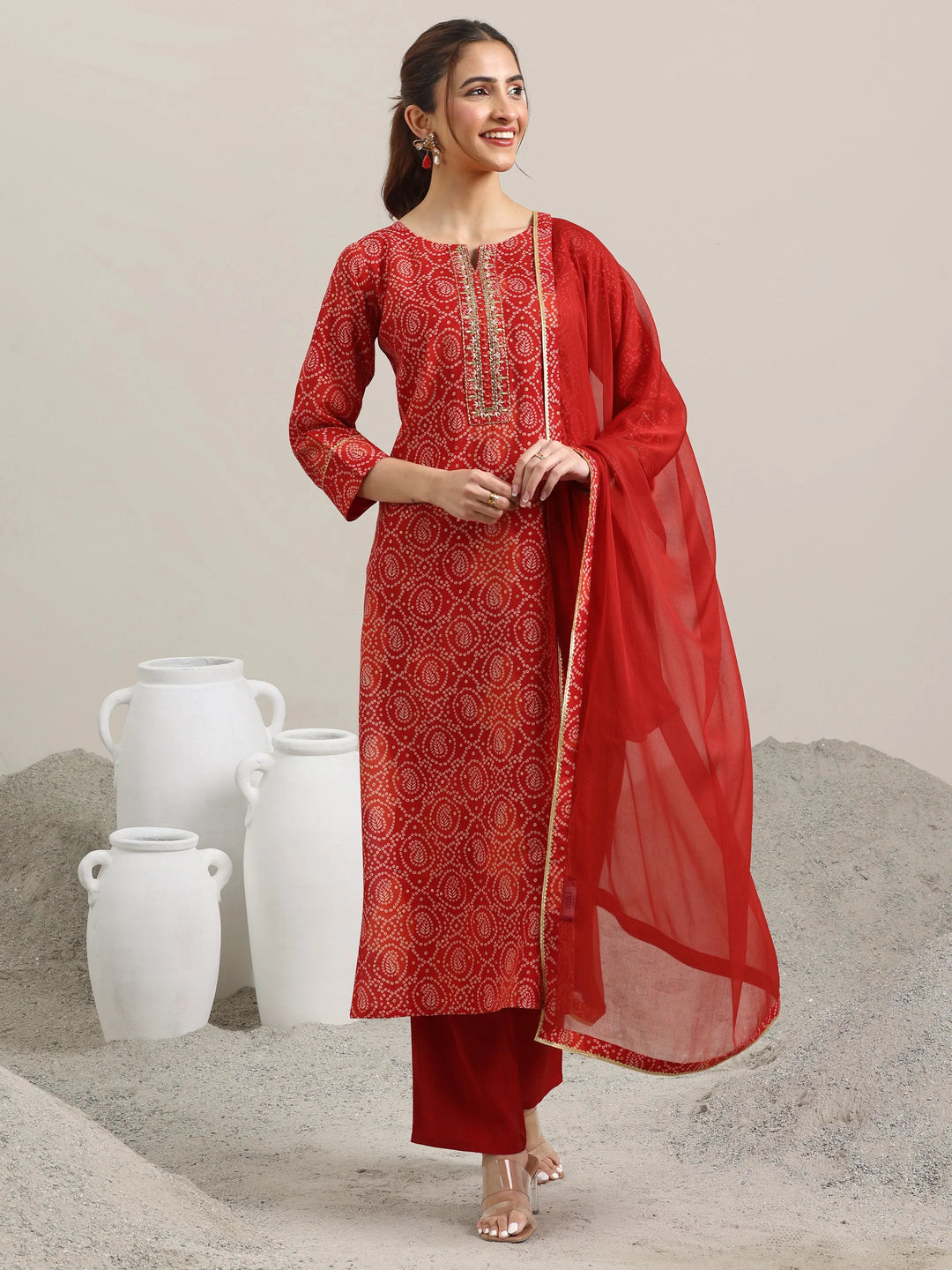 RED COLOURED WOMEN'S VISCOSE RAYON KURTA WITH DUPATTA SET