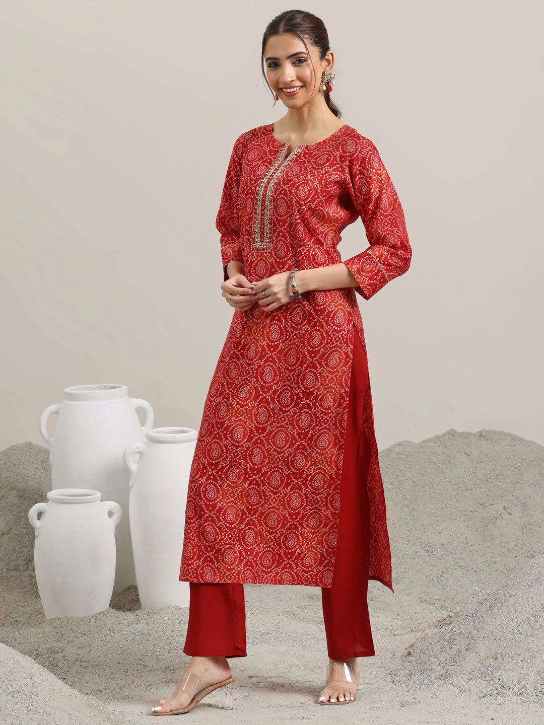 RED COLOURED WOMEN'S VISCOSE RAYON KURTA WITH DUPATTA SET
