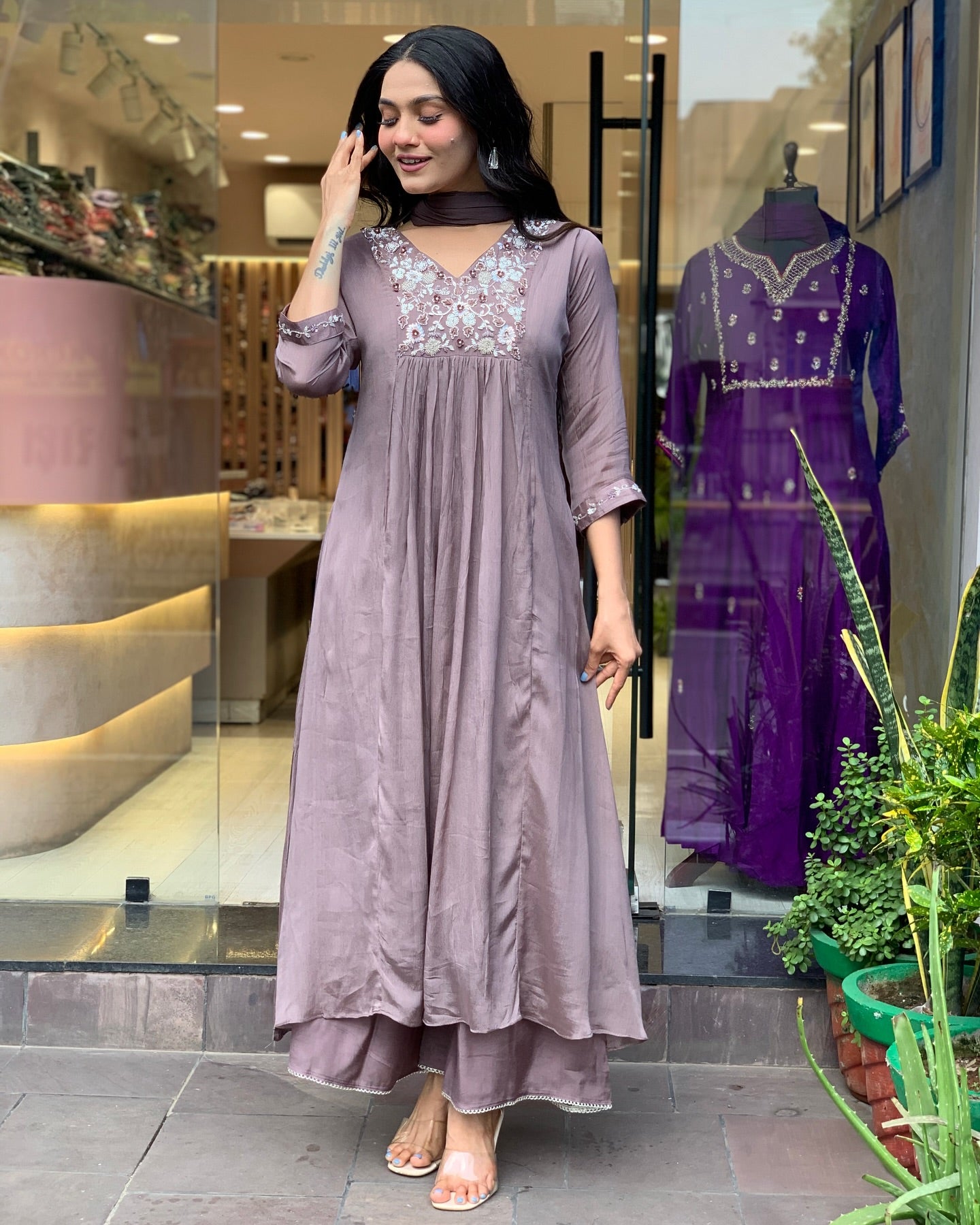 GREY COLOURED WOMEN'S VISCOSE CHINNON EMBROIDERED KURTA WITH PANT DUPATTA SET