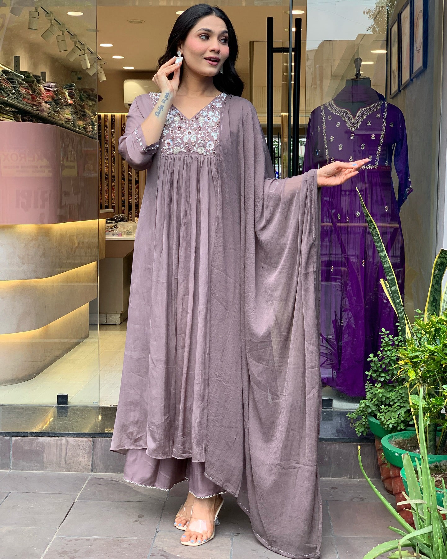 GREY COLOURED WOMEN'S VISCOSE CHINNON EMBROIDERED KURTA WITH PANT DUPATTA SET