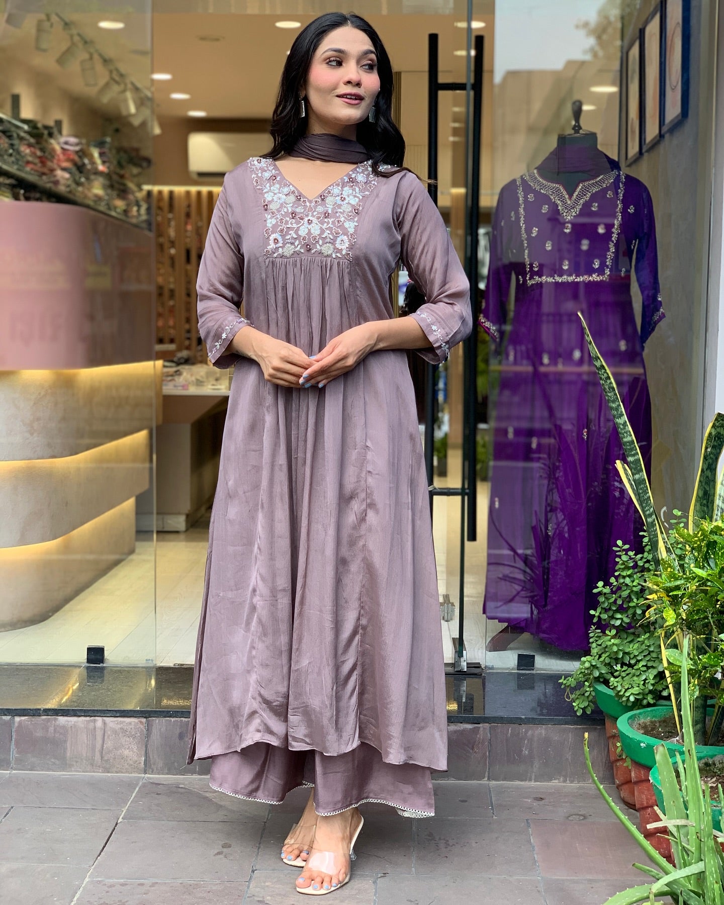 GREY COLOURED WOMEN'S VISCOSE CHINNON EMBROIDERED KURTA WITH PANT DUPATTA SET