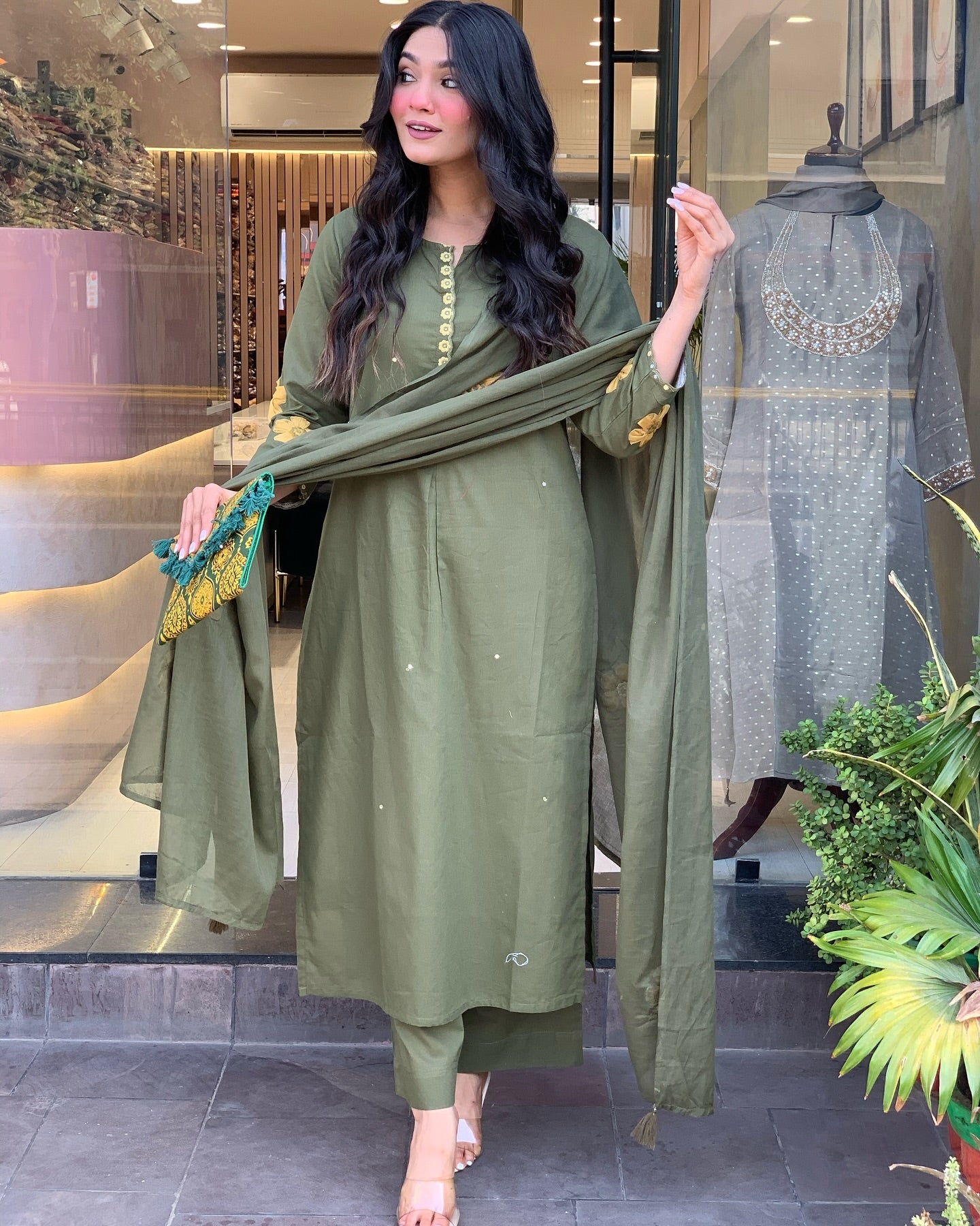 GREEN COLOURED WOMEN'S CHANDERI SILK KURTA WITH DUPATTA SET