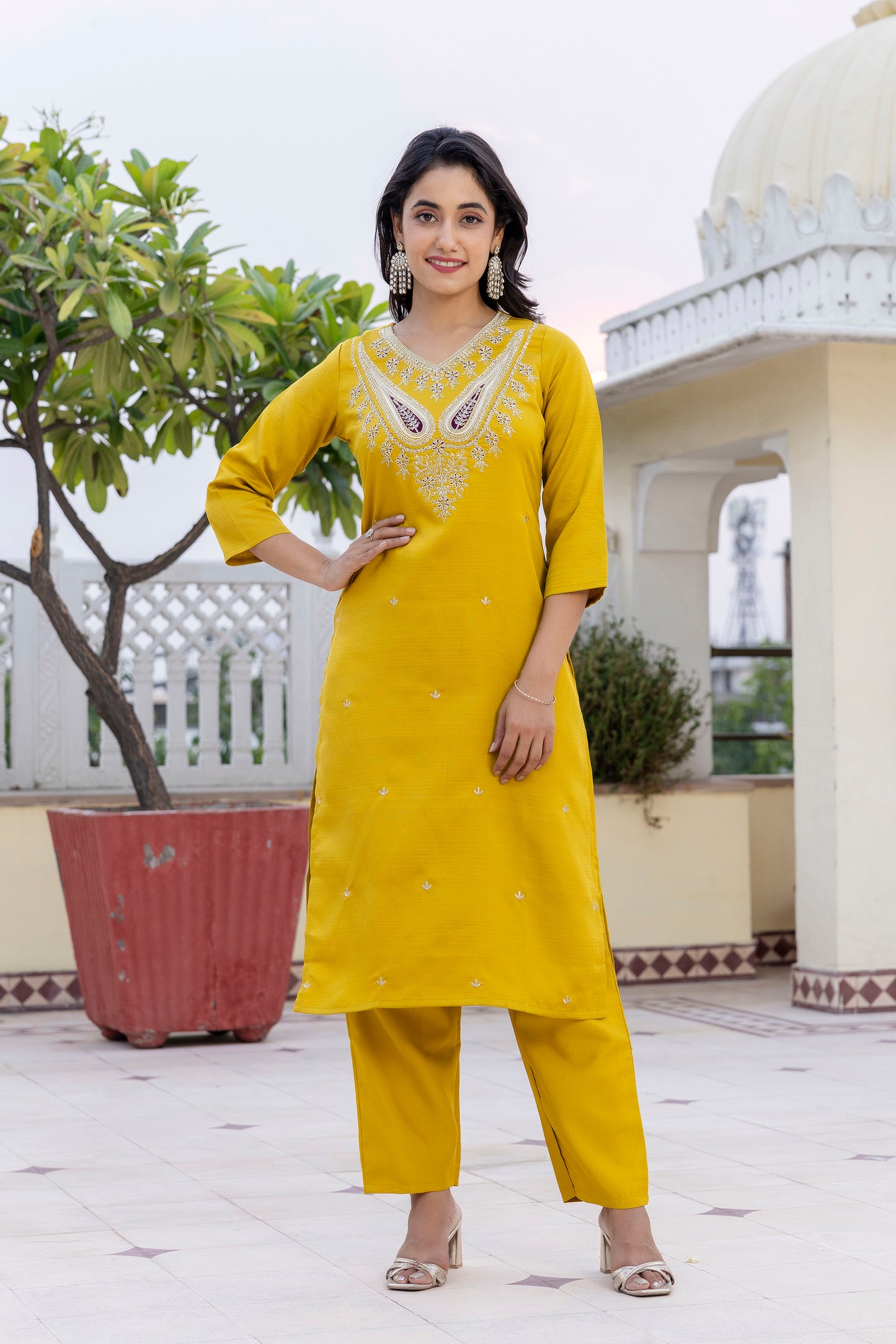 YELLOW COLOURED WOMEN'S VISCOSE RAYON KURTA WITH DUPATTA SET