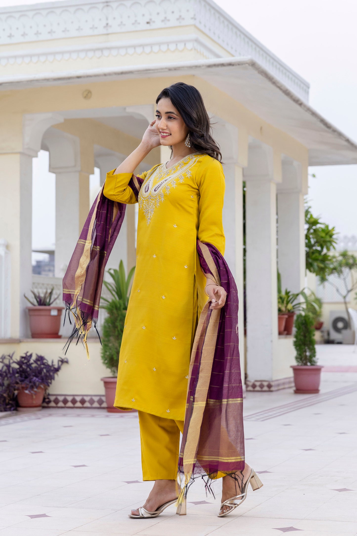 YELLOW COLOURED WOMEN'S VISCOSE RAYON KURTA WITH DUPATTA SET