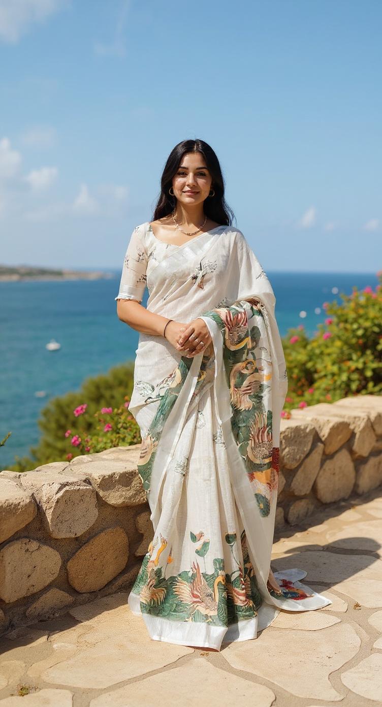 WHITE DIGITAL PRINTED COTTON SAREE