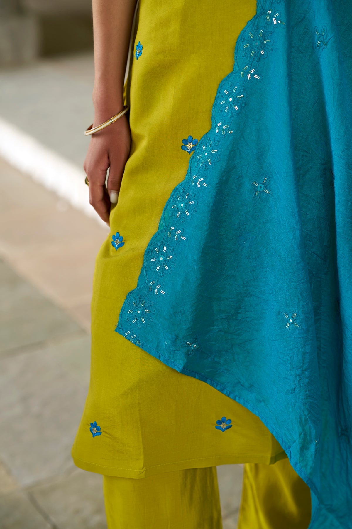 LEMON COLOURED WOMEN'S CHANDERI KURTA WITH DUPATTA SET