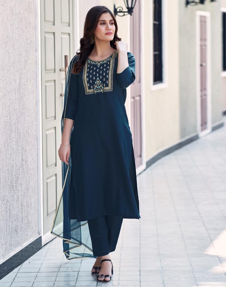 BLUE COLOURED WOMEN'S VISCOSE RAYON KURTA WITH DUPATTA SET
