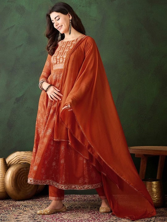 ORANGE COLOURED WOMEN'S GEORGETTE KURTA WITH DUPATTA SET