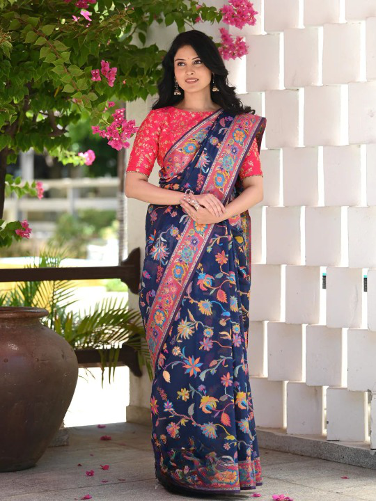 Kashmiri Weaving Multiple color thread weaving pure zari weaving Blue coloured saree