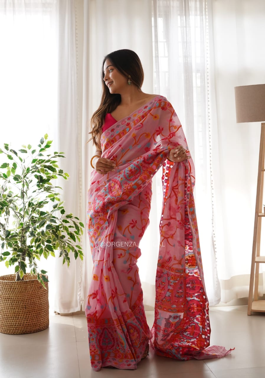 KASHMIRI WEAVING MULTIPLE COLOR THREAD WEAVING PURE ZARI WEAVING PINK