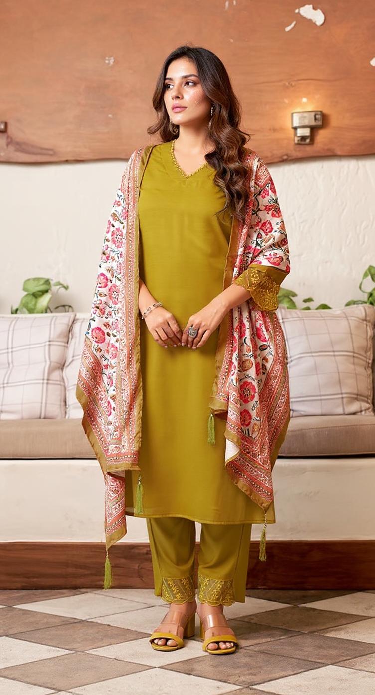 YELLOW COLOURED WOMEN'S RAYON KURTA WITH DUPATTA SET