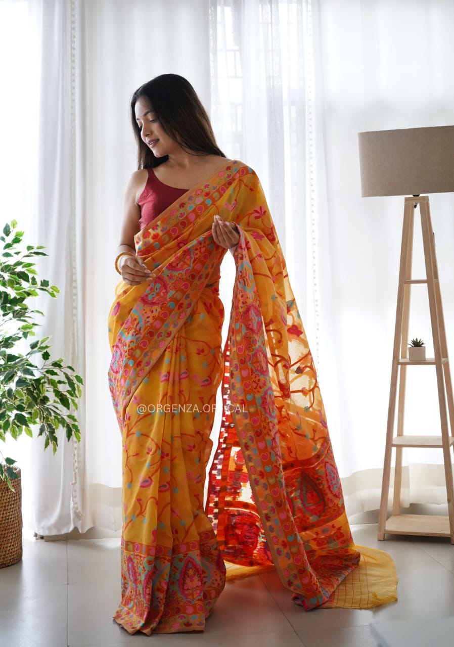 KASHMIRI WEAVING MULTIPLE COLOR THREAD WEAVING PURE ZARI WEAVING YElLOW