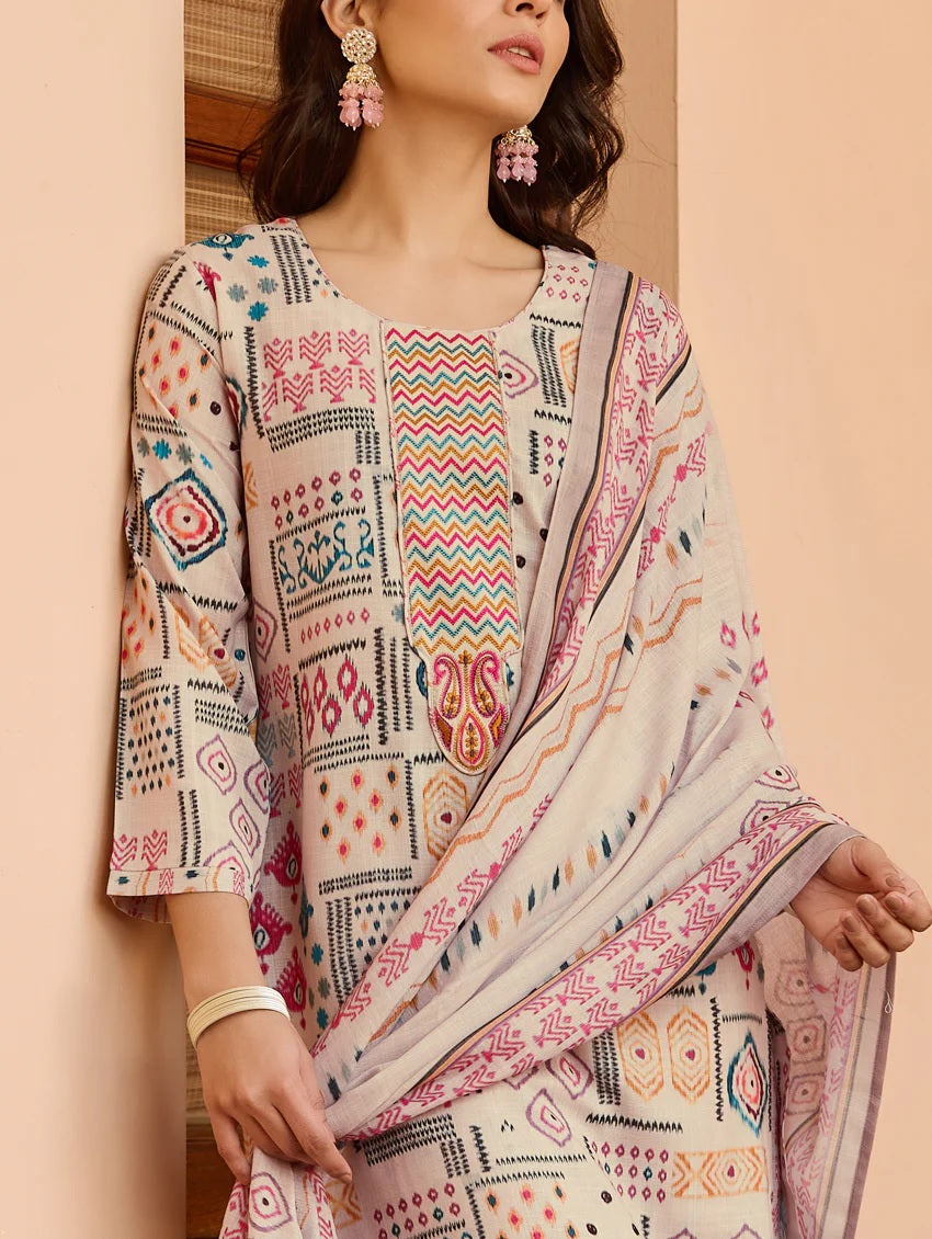 WHITE COLOURED WOMEN'S COTTON EMBROIDERED KURTA WITH PANT DUPATTA SET