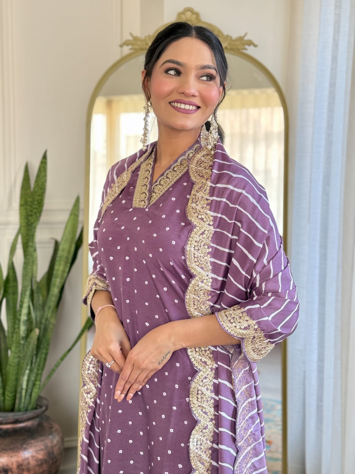 PURPLE COLOURED WOMEN'S REYON EMBROIDERED KURTA WITH PANT DUPATTA SET