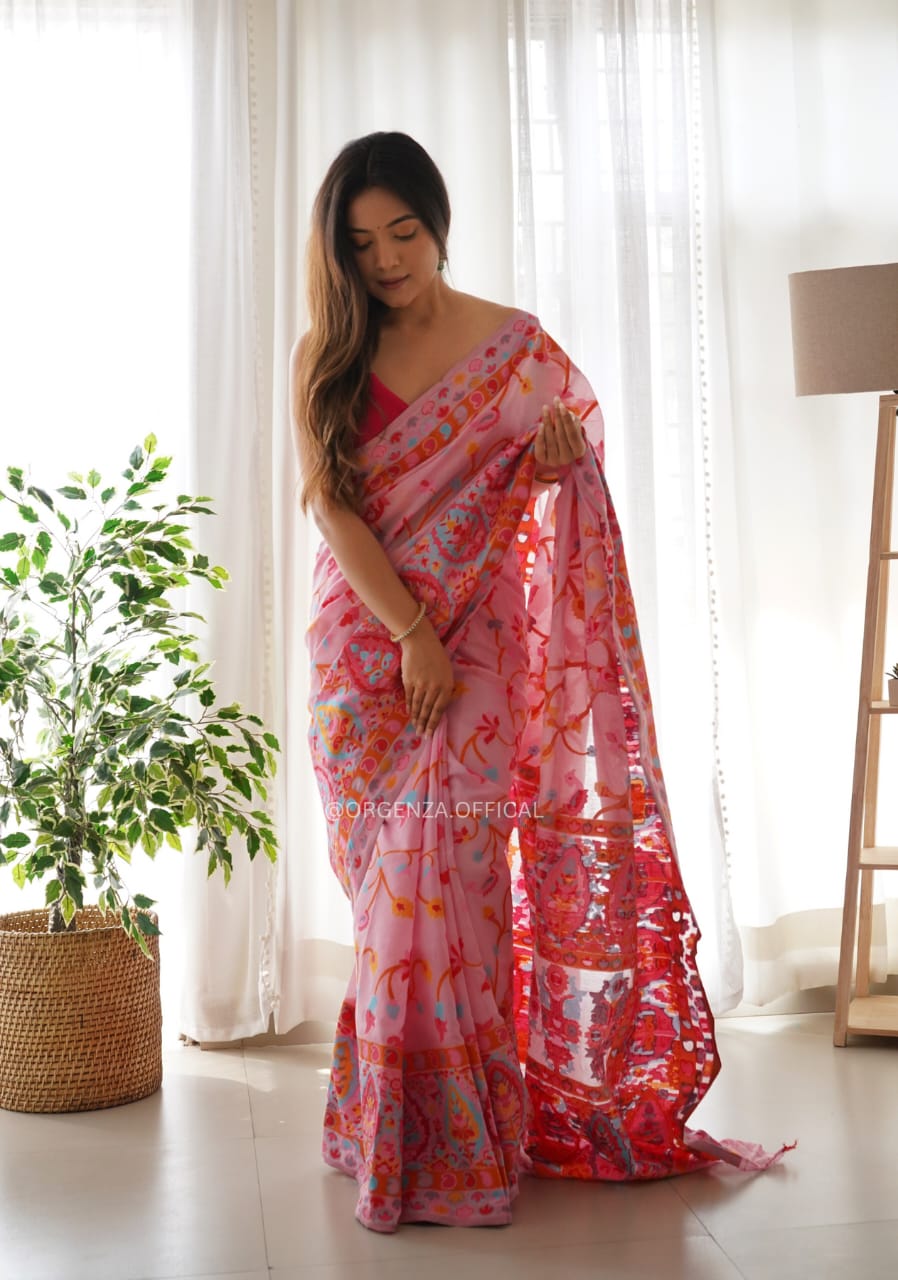 KASHMIRI WEAVING MULTIPLE COLOR THREAD WEAVING PURE ZARI WEAVING PINK