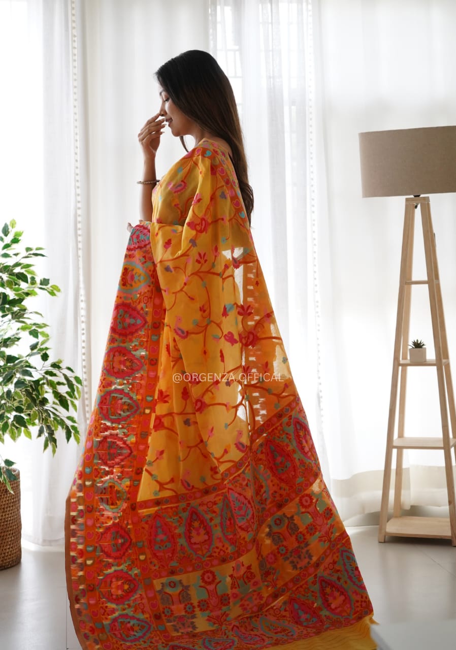KASHMIRI WEAVING MULTIPLE COLOR THREAD WEAVING PURE ZARI WEAVING YElLOW