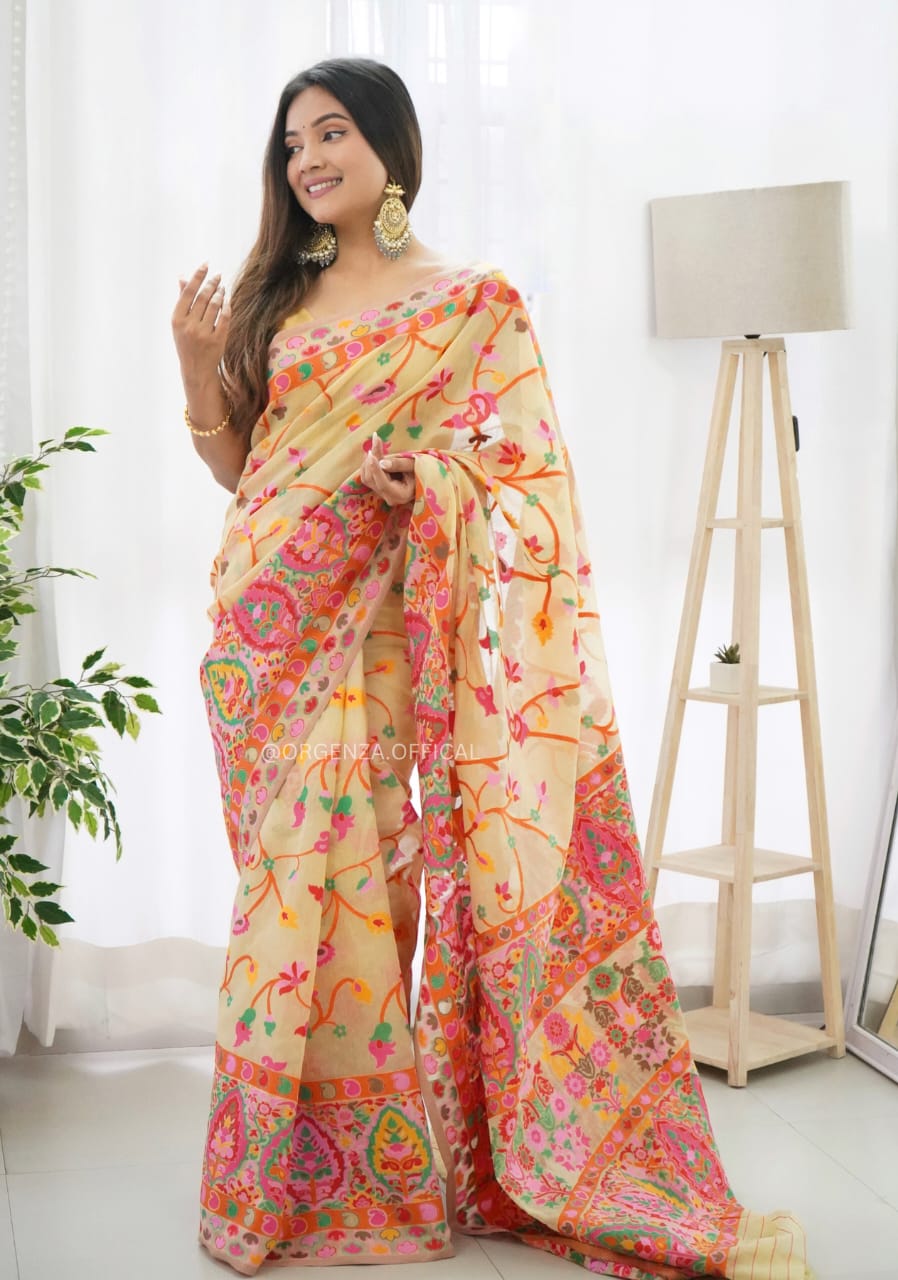 KASHMIRI WEAVING MULTIPLE COLOR THREAD WEAVING PURE ZARI WEAVING LIGHT YELLOW