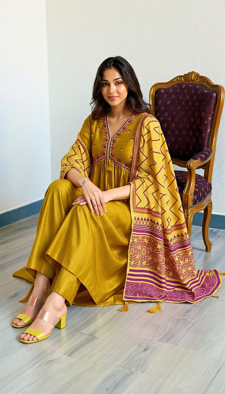 YELLOW COLOURED WOMEN'S VISCOSE RAYON KURTA WITH DUPATTA SET