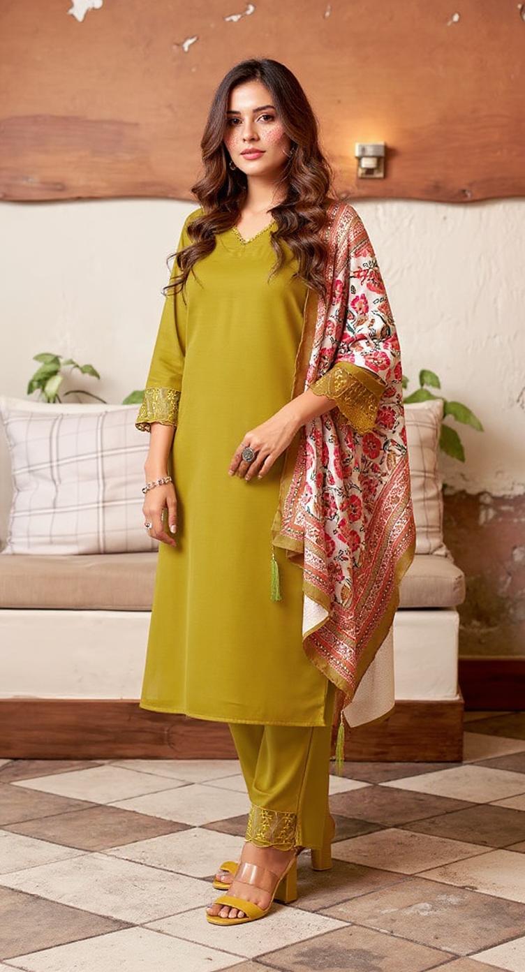 YELLOW COLOURED WOMEN'S RAYON KURTA WITH DUPATTA SET