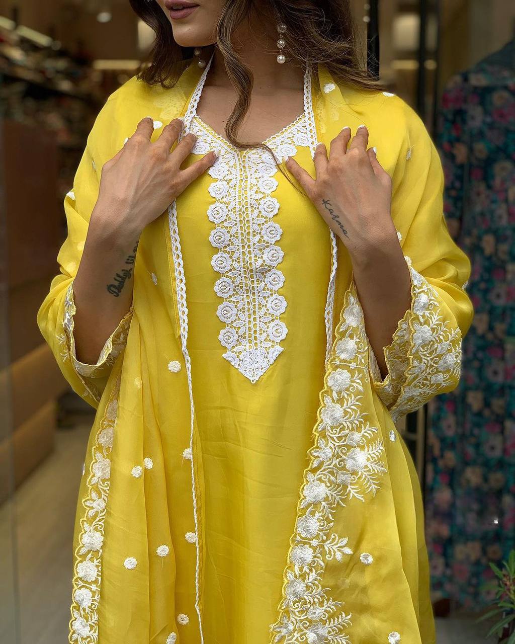 YELLOW COLOURED WOMEN'S PURE RUSSIAN SILK EMBROIDERED KURTA WITH PANT DUPATTA SET