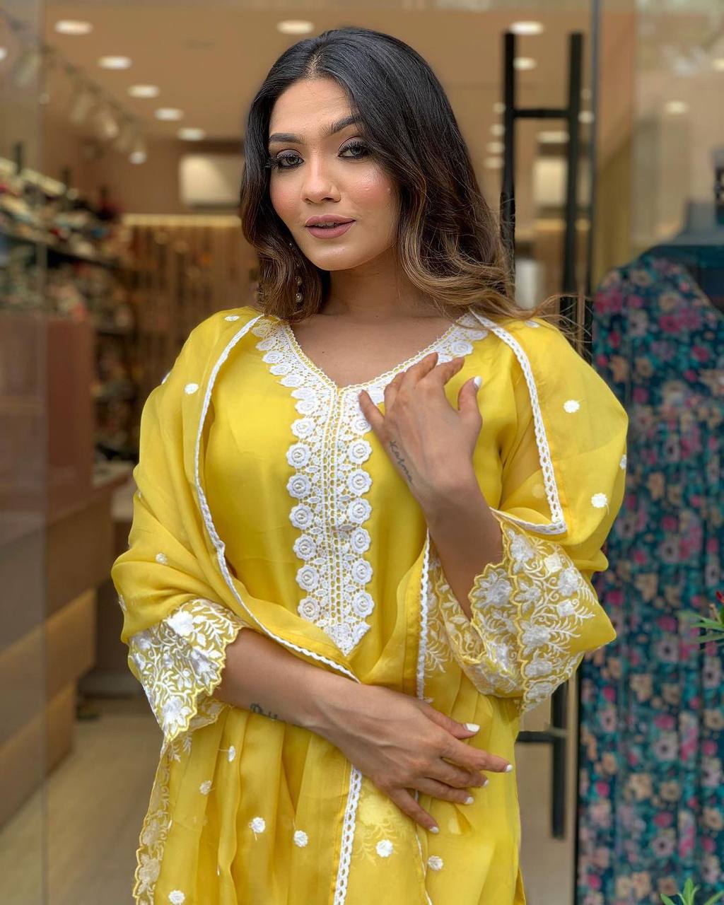 YELLOW COLOURED WOMEN'S PURE RUSSIAN SILK EMBROIDERED KURTA WITH PANT DUPATTA SET