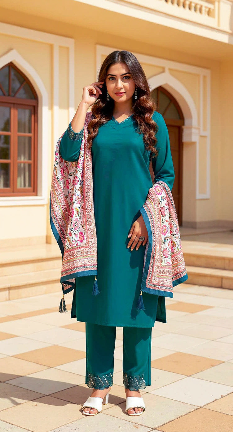 RAMA COLOURED WOMEN'S VISCOSE RAYON KURTA WITH DUPATTA SET