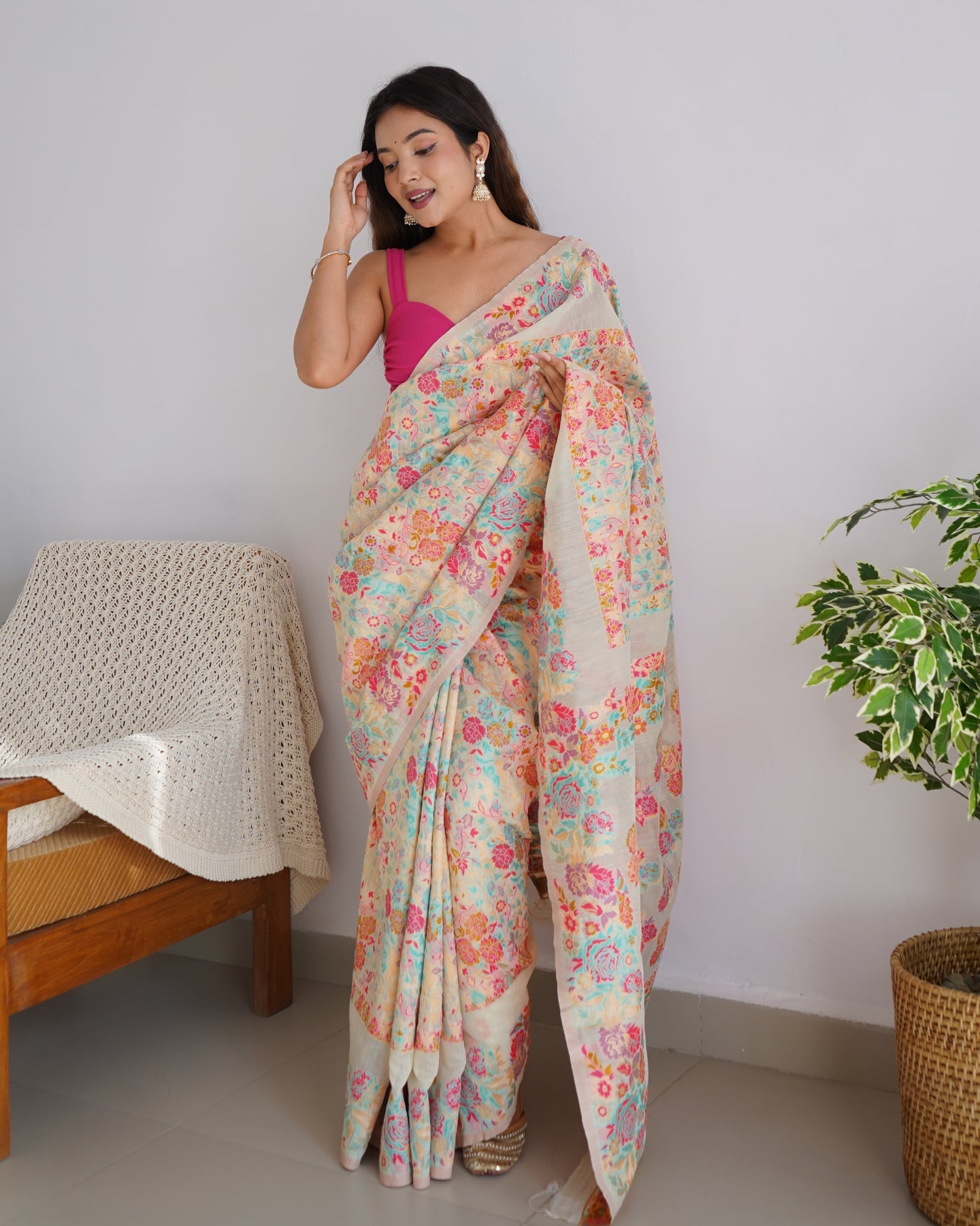 Kashmiri Weaving Multiple color thread weaving pure zari weaving Cream coloured saree