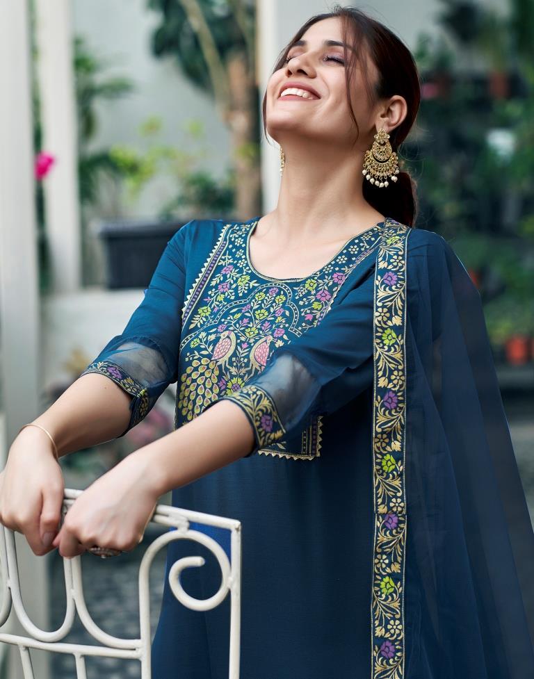 BLUE COLOURED WOMEN'S VISCOSE RAYON KURTA WITH DUPATTA SET