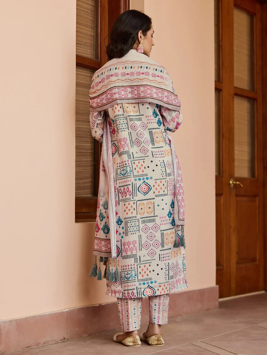 WHITE COLOURED WOMEN'S COTTON EMBROIDERED KURTA WITH PANT DUPATTA SET