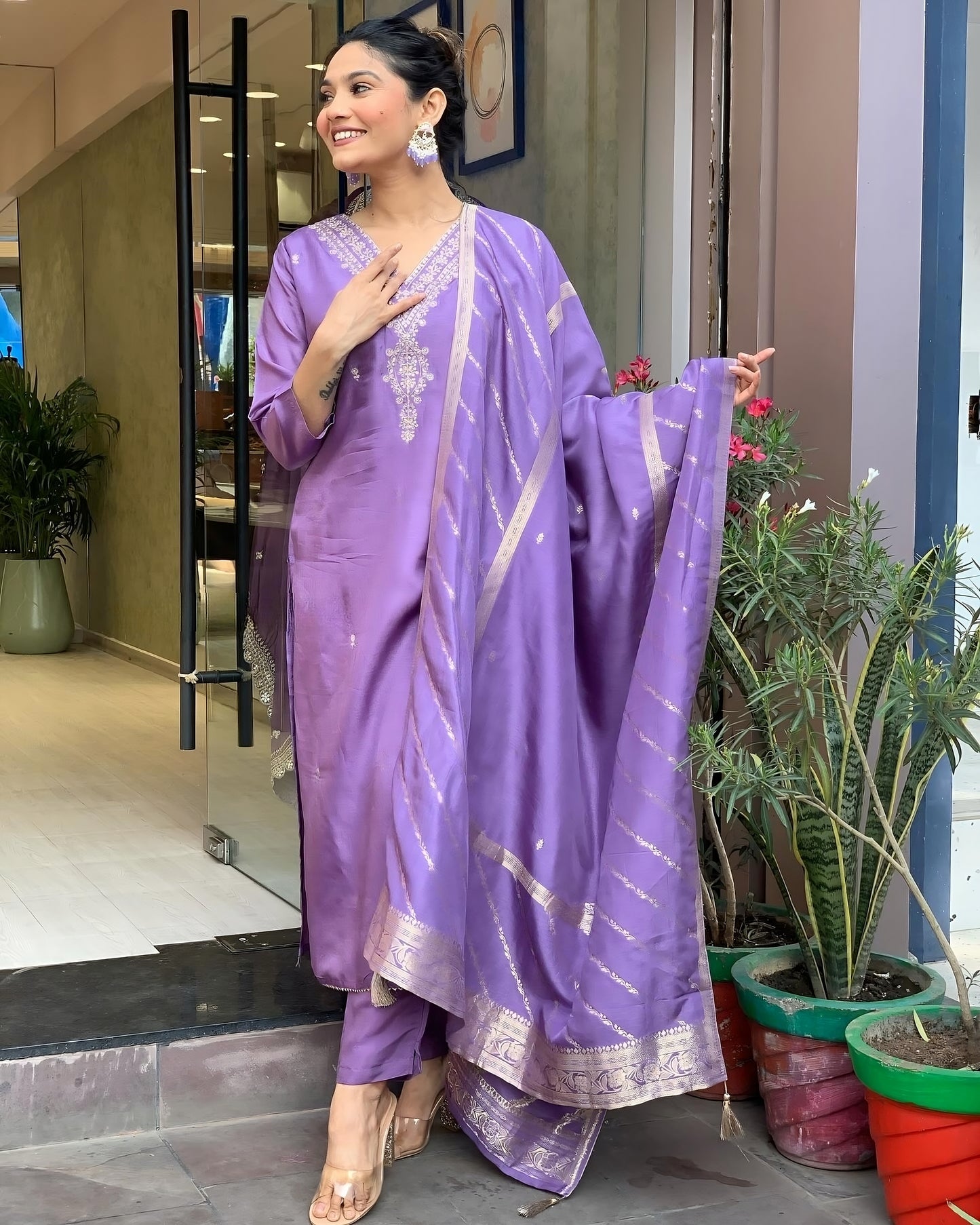 JENA LAVENDER COLOURED WOMEN'S VISCOSE CHANDERI KURTA WITH PANT DUPATTA SET
