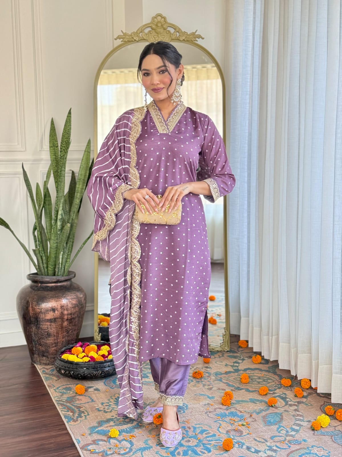 PURPLE COLOURED WOMEN'S REYON EMBROIDERED KURTA WITH PANT DUPATTA SET