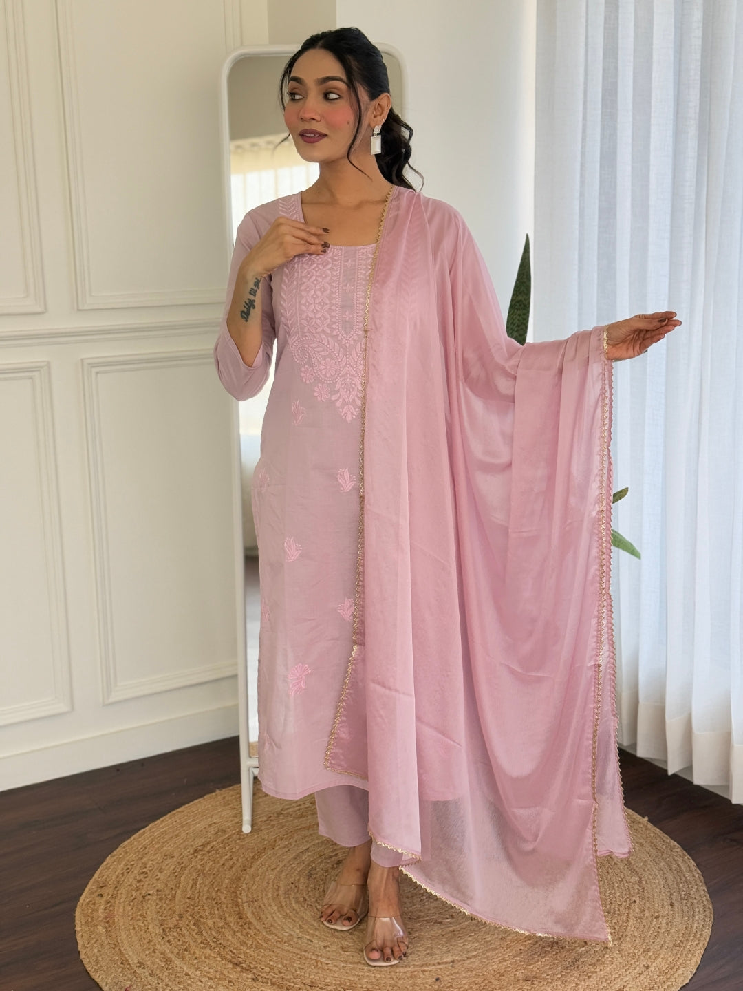 PINK COLOURED WOMEN'S PURE COTTON KURTA WITH PANT DUPATTA SET