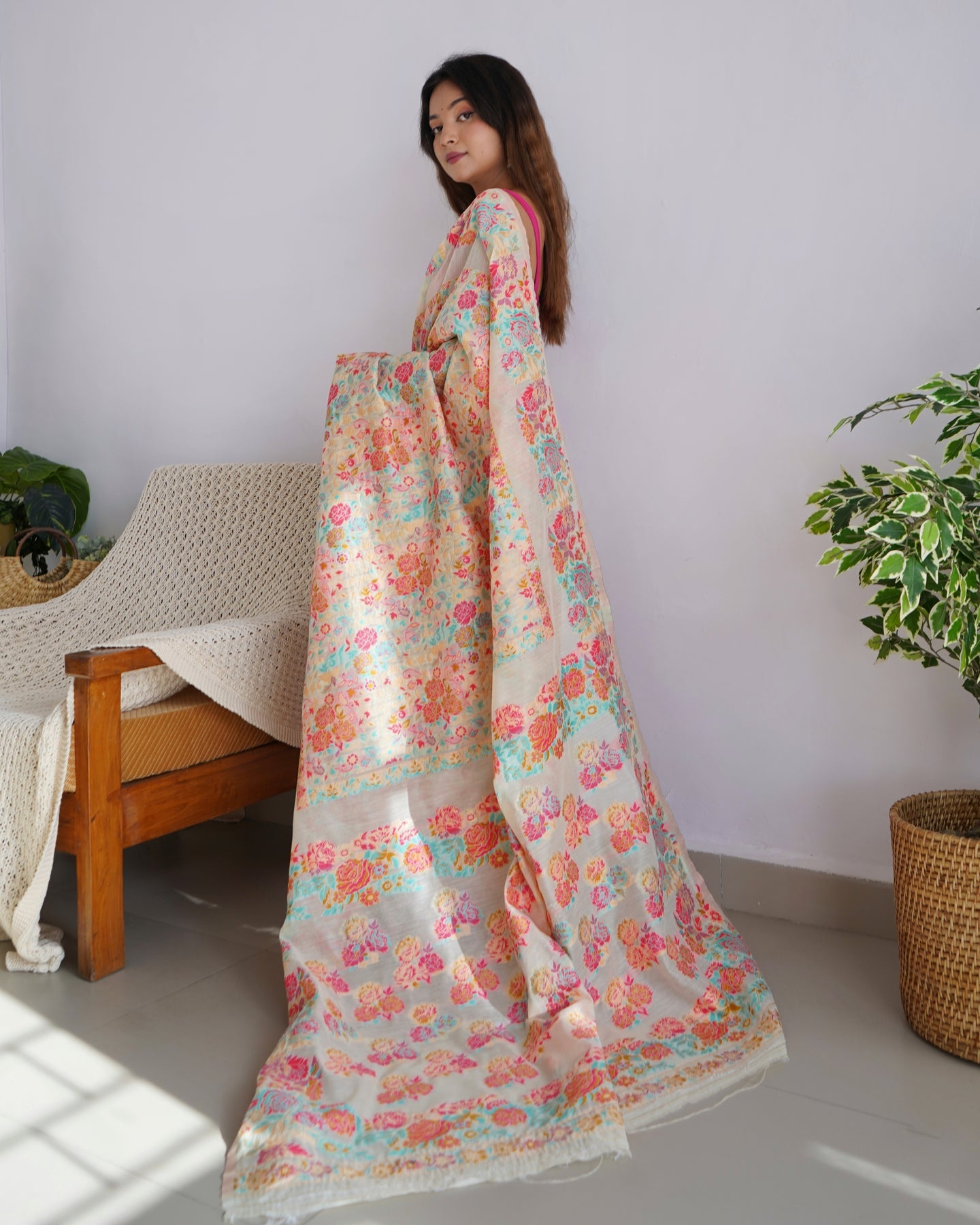 Kashmiri Weaving Multiple color thread weaving pure zari weaving Cream coloured saree
