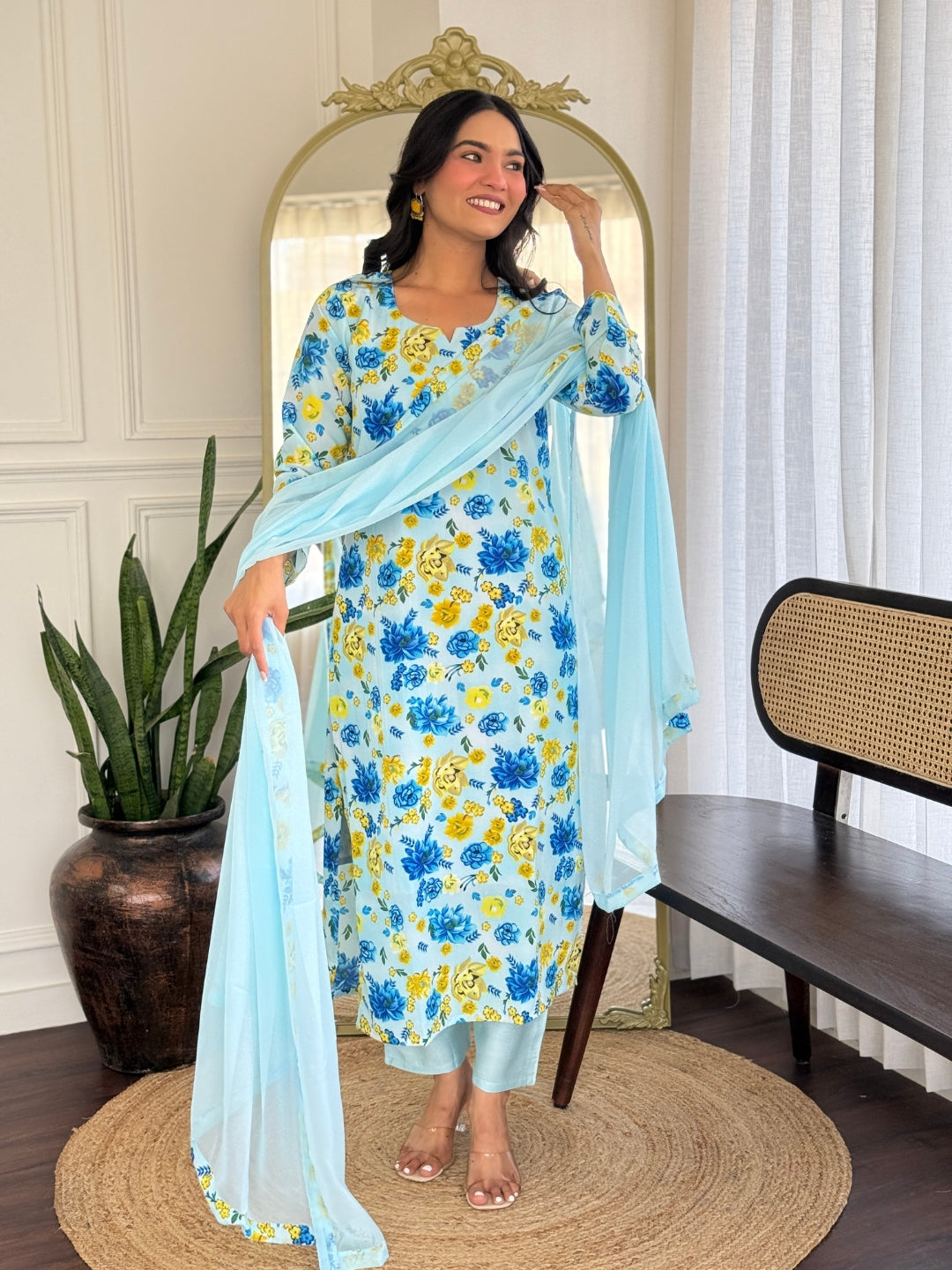 SKY COLOURED WOMEN'S GEORGETTE KURTA WITH PANT DUPATTA SET