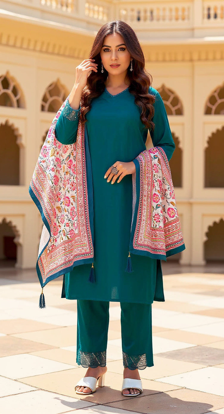 RAMA COLOURED WOMEN'S VISCOSE RAYON KURTA WITH DUPATTA SET
