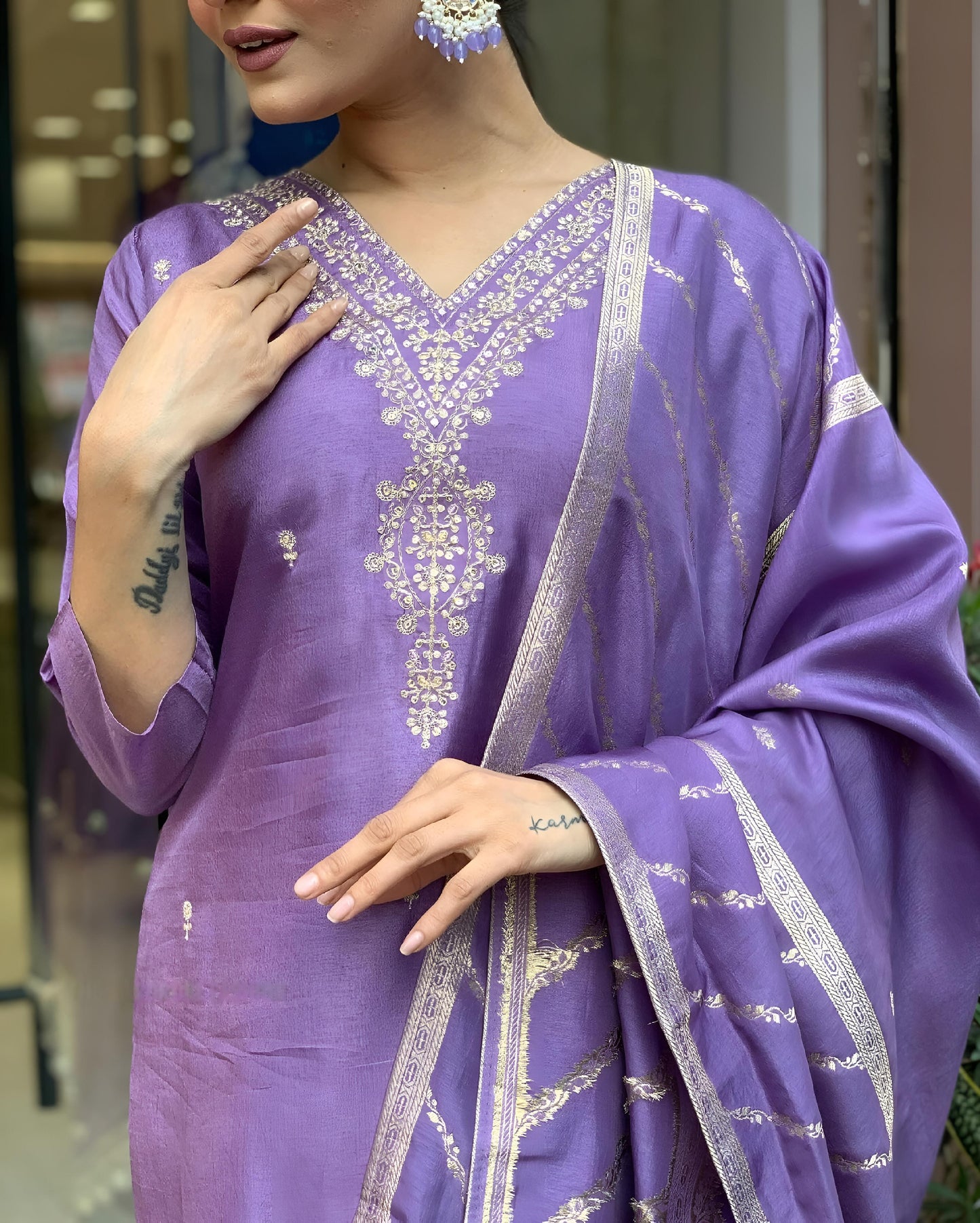 JENA LAVENDER COLOURED WOMEN'S VISCOSE CHANDERI KURTA WITH PANT DUPATTA SET