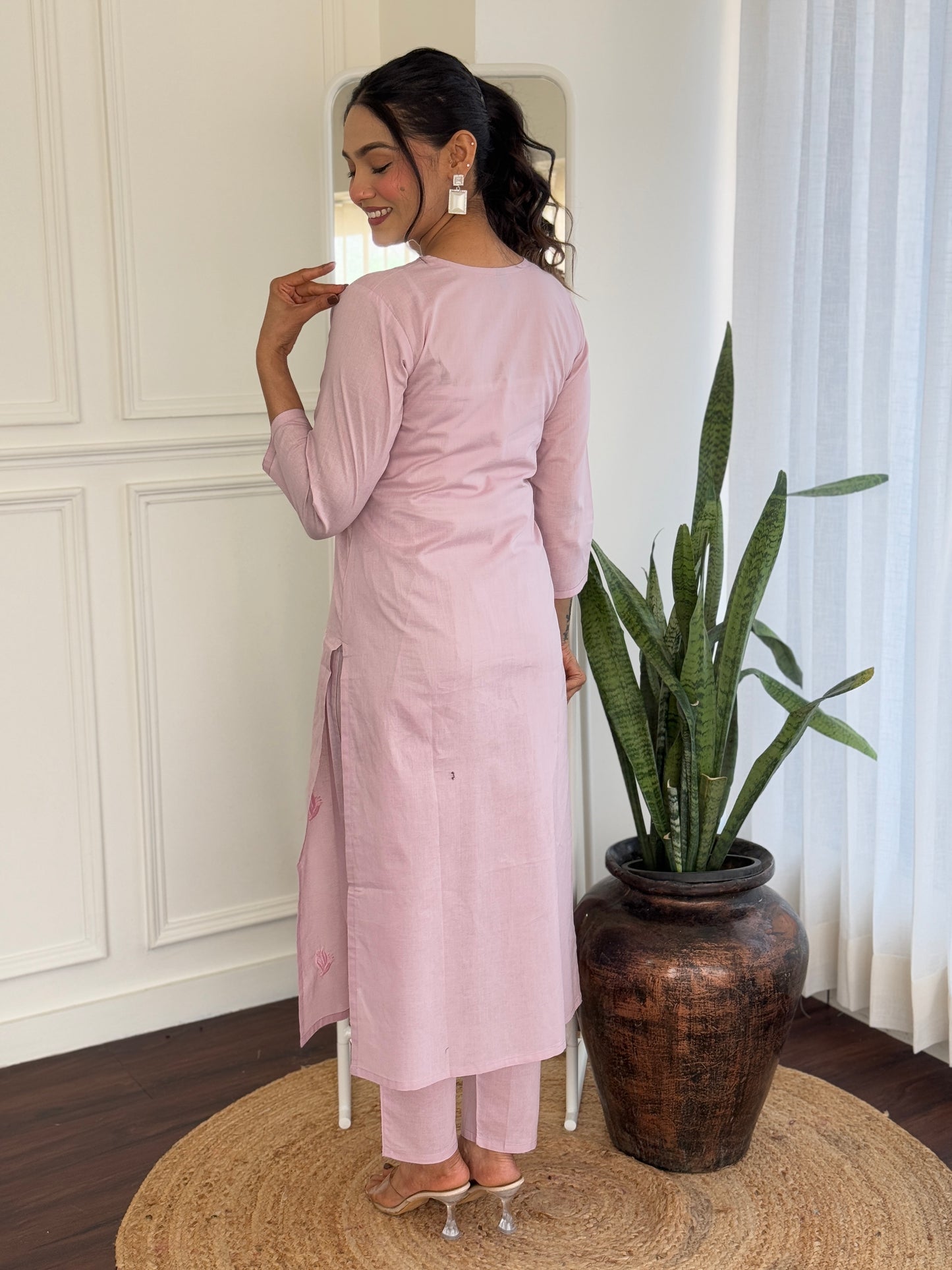 PINK COLOURED WOMEN'S PURE COTTON KURTA WITH PANT DUPATTA SET